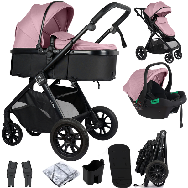 Blush rose 3-in-1 travel system with stroller and matching infant car seat