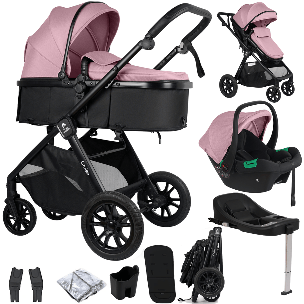 Blush rose and black travel system set showing stroller, car seat, and accessories