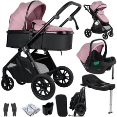 Blush rose and black travel system set showing stroller, car seat, and accessories