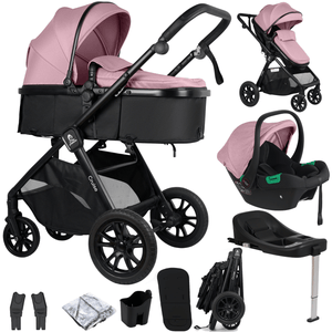 Blush rose and black travel system set showing stroller, car seat, and accessories