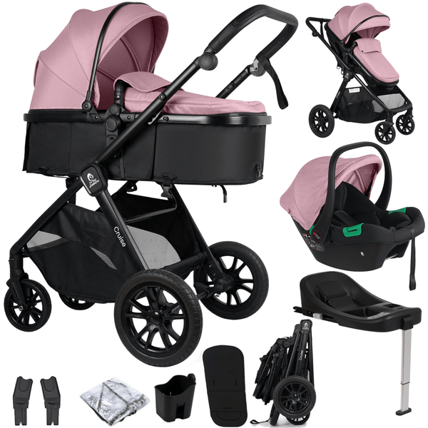 Blush rose and black travel system set showing stroller, car seat, and accessories