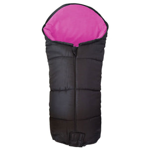 Universal pushchair footmuff, black with fuchsia hood and padded sides