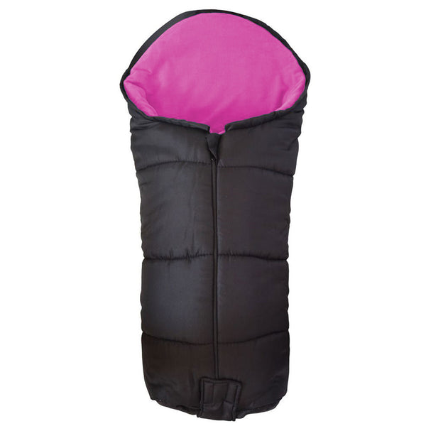 Universal pushchair footmuff, black with fuchsia hood and padded sides
