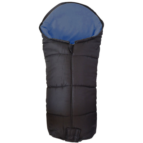 Deluxe footmuff, dark exterior with blue hood and padded leg section
