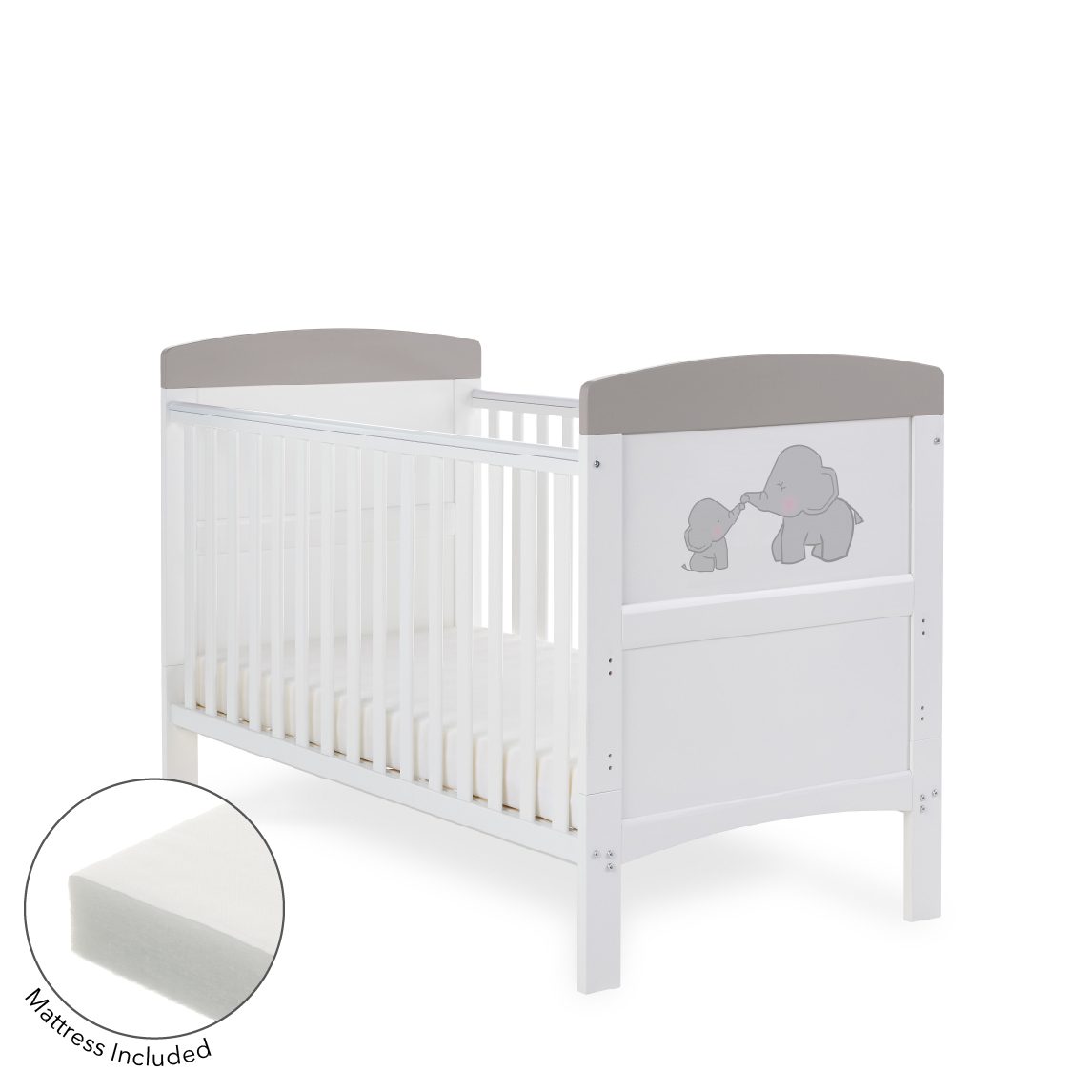 Obaby Grace Inspire Cot Bed & Fibre Mattress – Me & Mini Me Elephants – Grey -  | For Your Little One