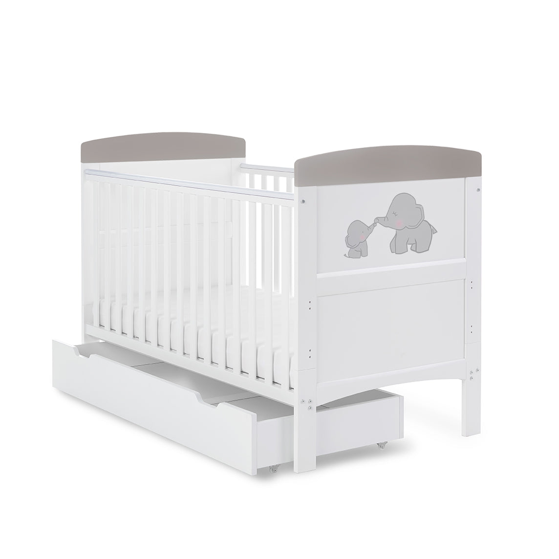 Obaby Grace Inspire Cot Bed & Underdrawer – Me & Mini Me Elephants – Grey -  | For Your Little One
