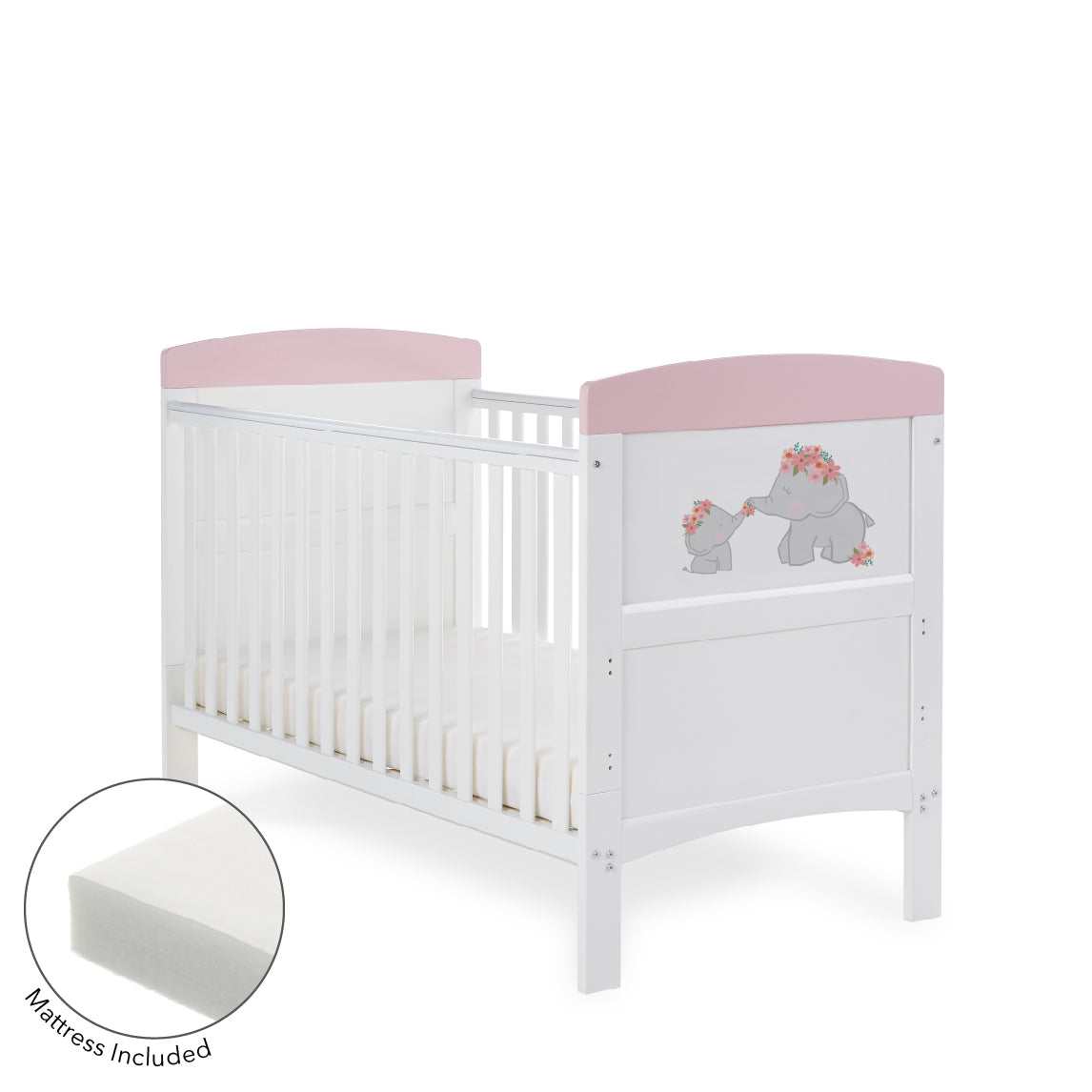 Obaby Grace Inspire Cot Bed & Fibre Mattress – Me & Mini Me Elephants – Pink -  | For Your Little One