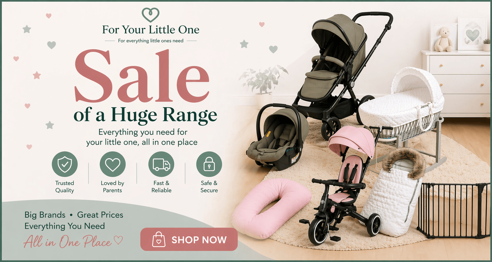 Baby stroller and related products with promotional text on a white background