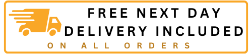 Free next day delivery included on all orders text with a delivery truck icon on a white background