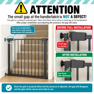 Pressure-fit baby safety stair gate with handle and latch, showing normal latch gap