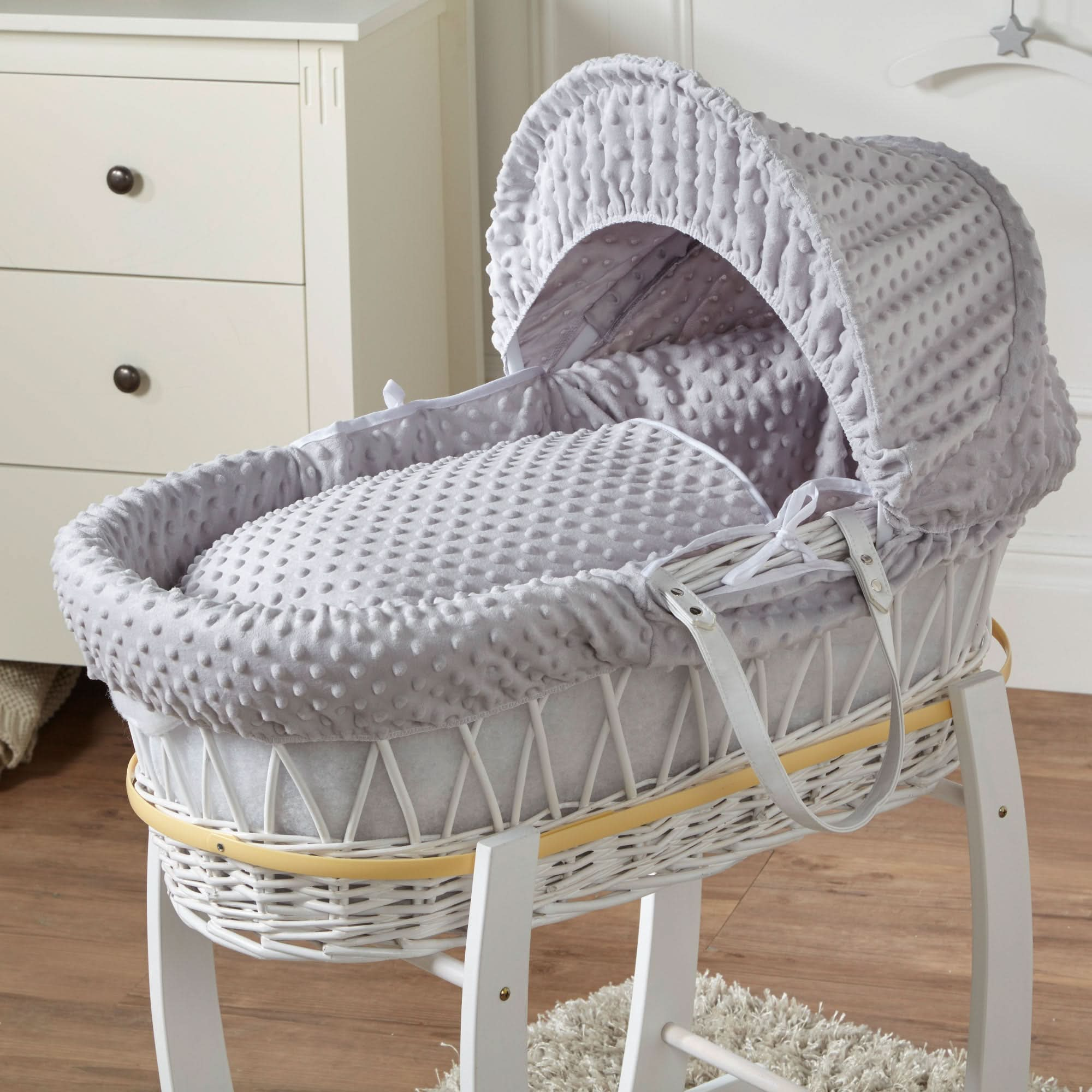 Grey Dimple White Wicker Baby Moses Basket With Stand   