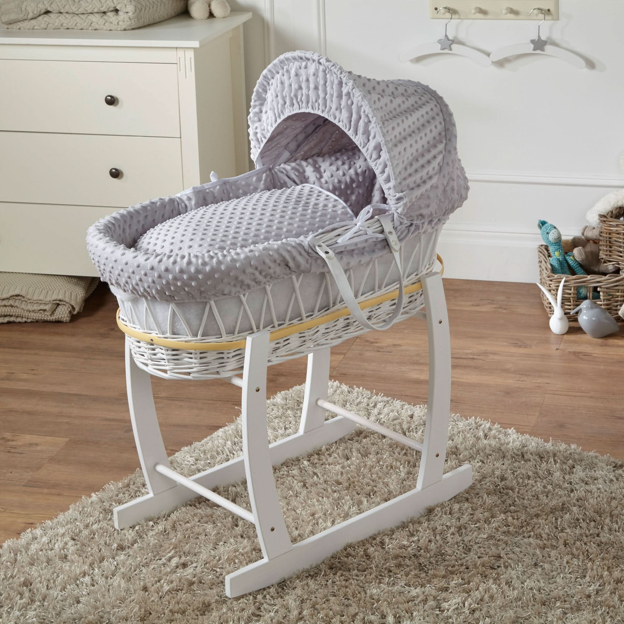 Grey Dimple White Wicker Baby Moses Basket With Stand   