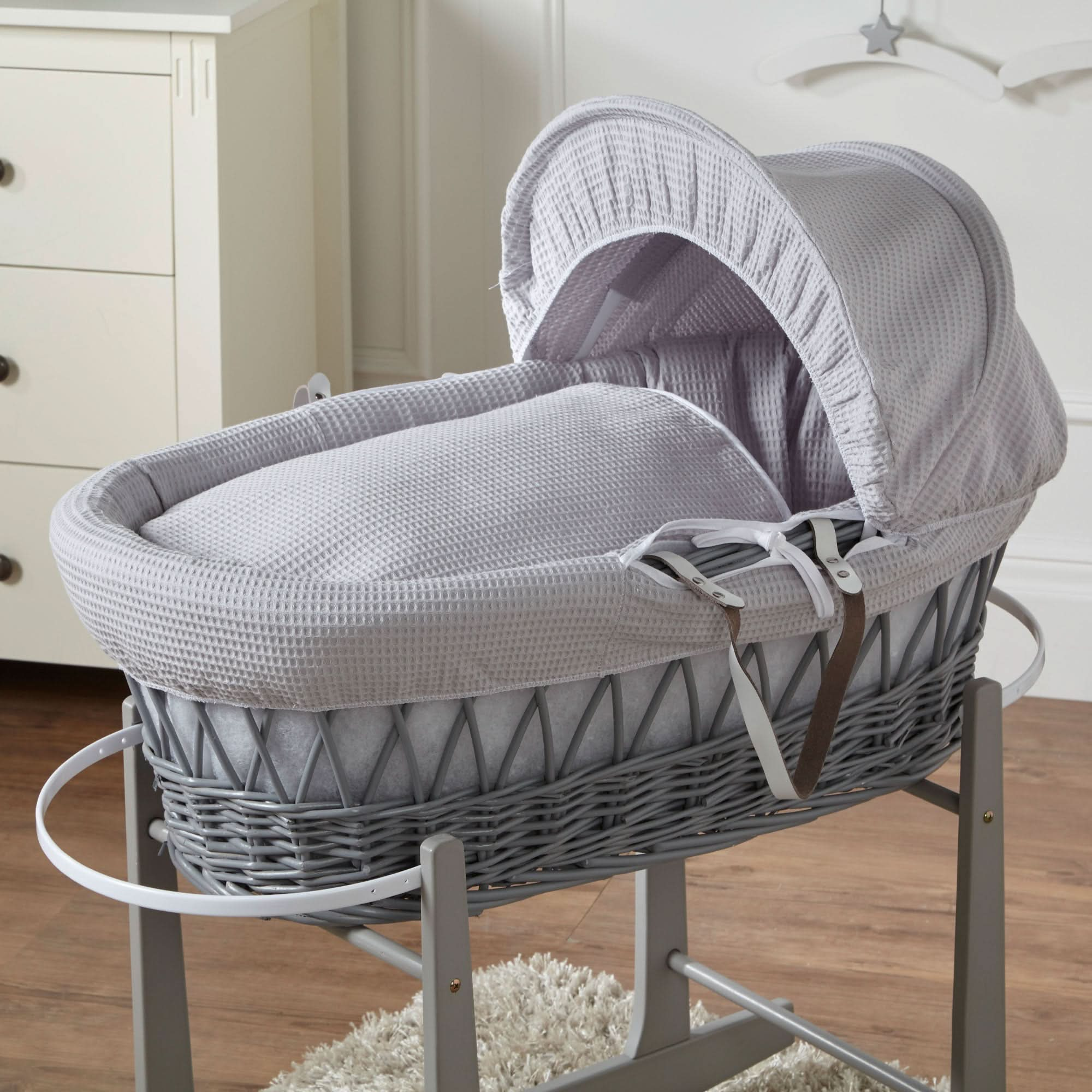 Grey Waffle Grey Wicker Baby Moses Basket With Stand   