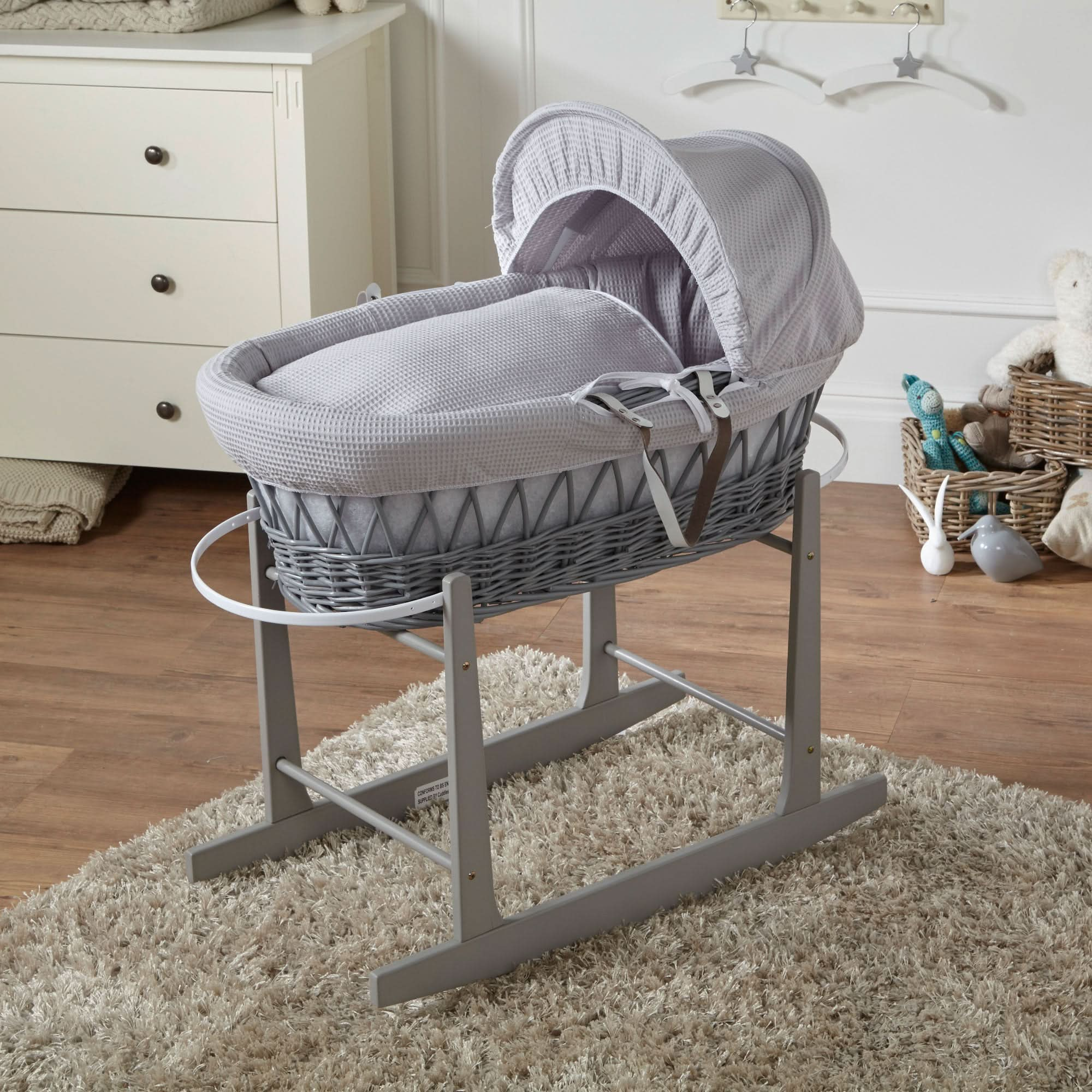 Grey Waffle Grey Wicker Baby Moses Basket With Stand   