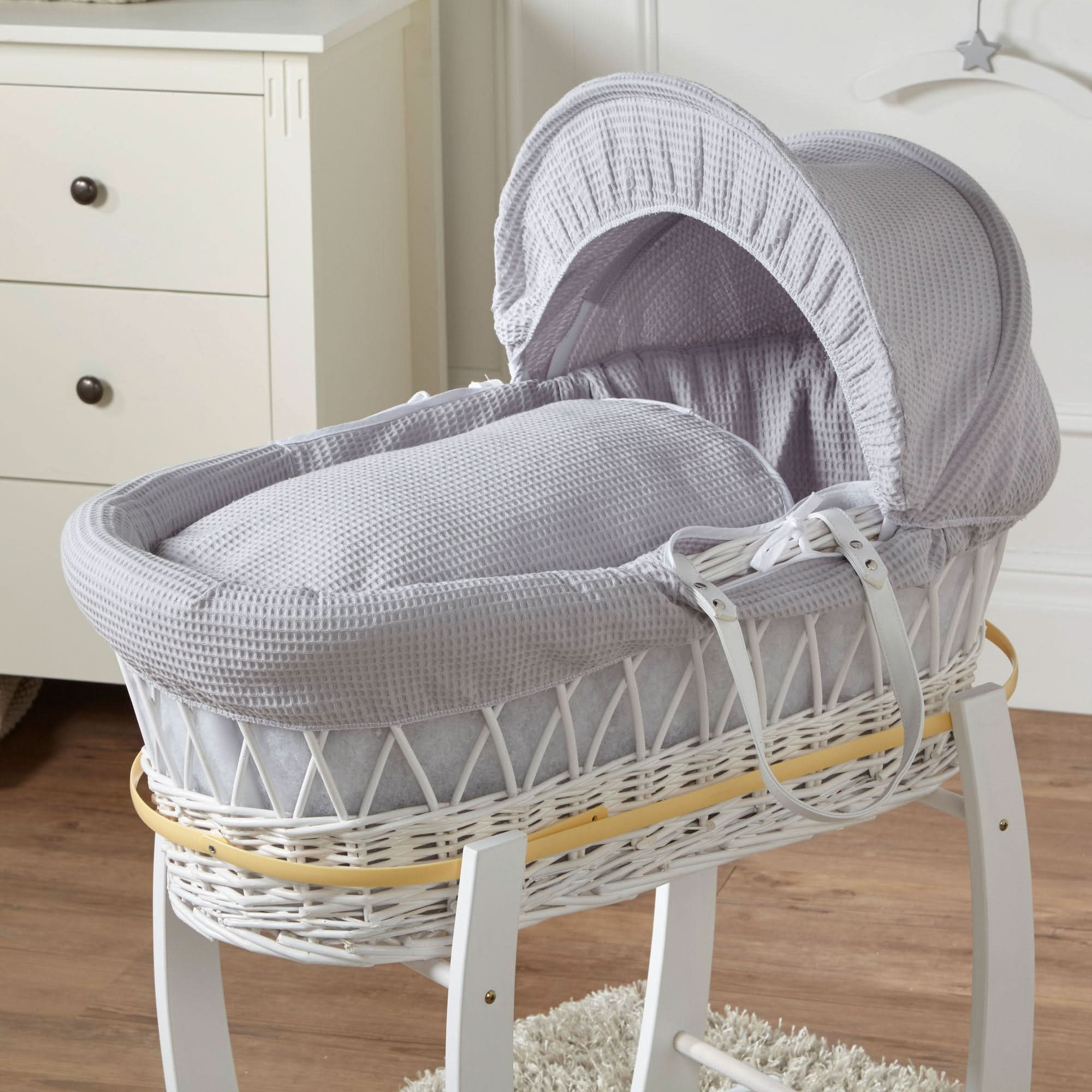 Grey Waffle White Wicker Baby Moses Basket With Stand   