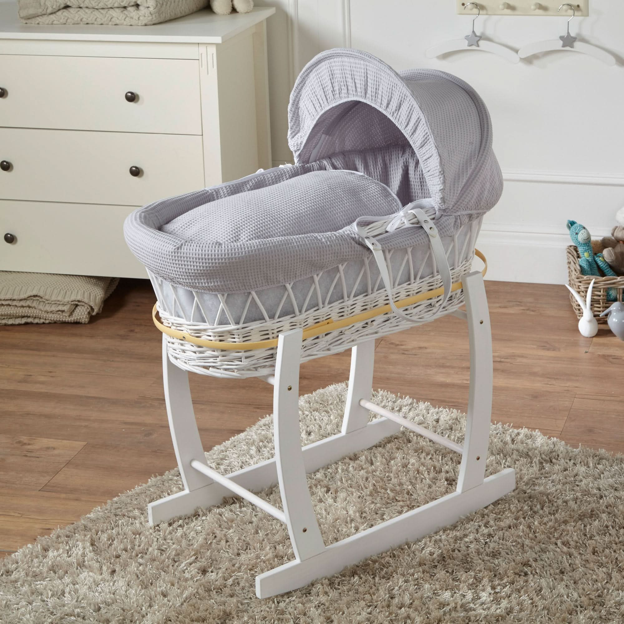 Grey Waffle White Wicker Baby Moses Basket With Stand   