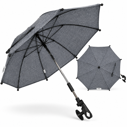Grey baby stroller parasol umbrella with clamp mounts and crank handle