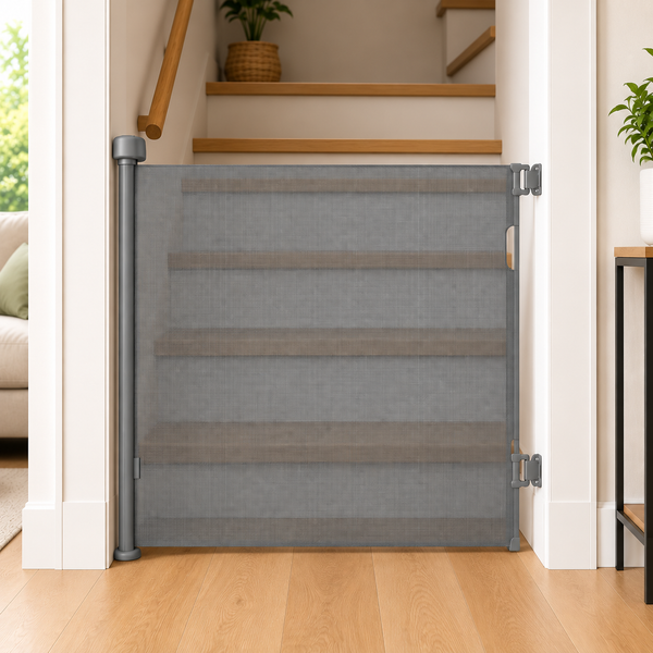 Grey retractable baby fabric safety stair gate with side posts and latch