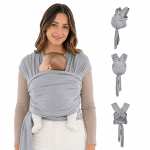 Woman wearing a baby in a gray baby carrier with additional views of the carrier on a white background.