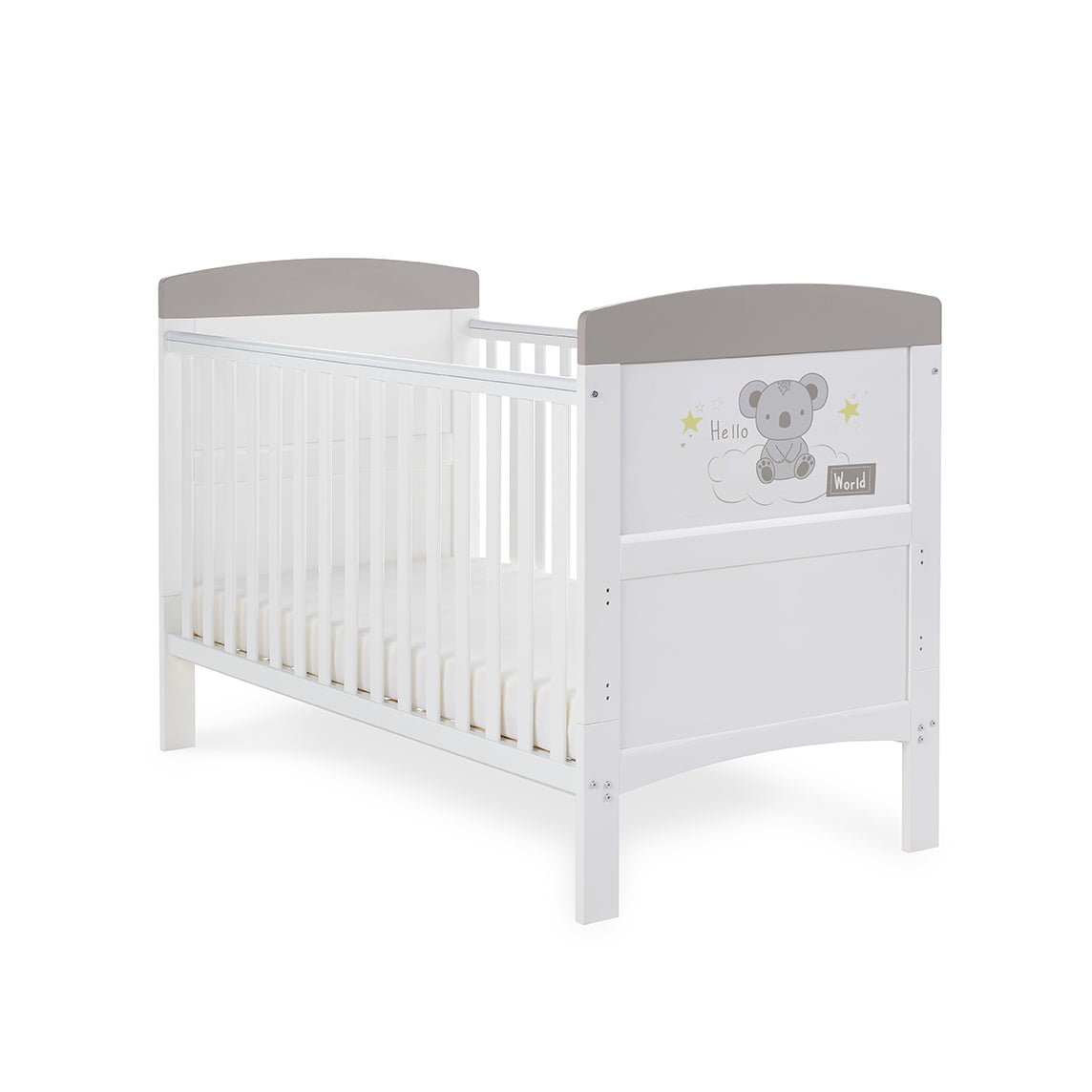 Obaby Grace Inspire Cot Bed & Fibre Mattress – Hello World Koala – Grey -  | For Your Little One