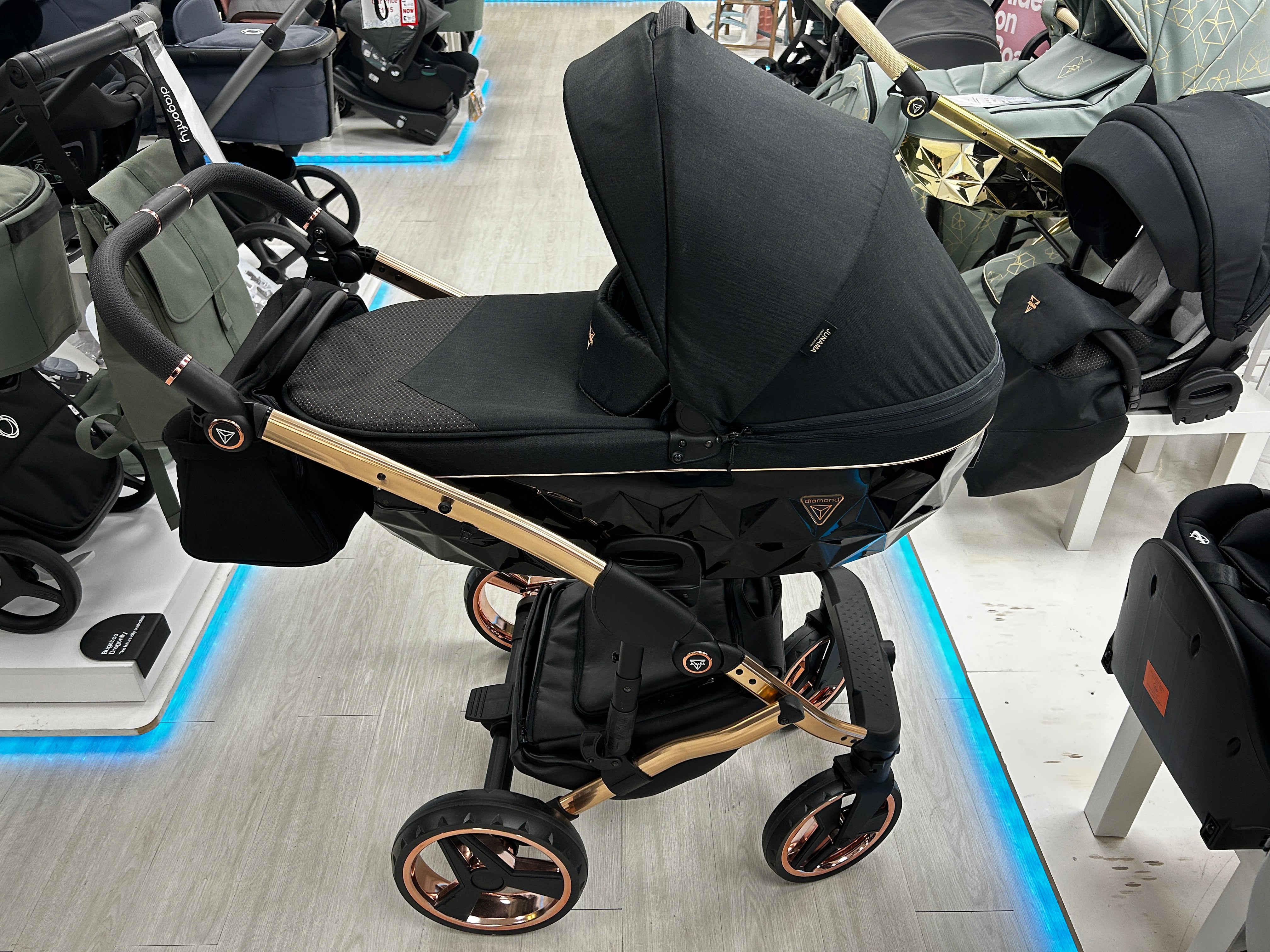 Junama Diamond S Line 2 in 1 Pram – Black And Rose Gold (Showroom Display)