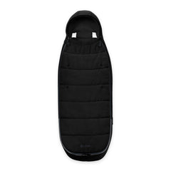 Black padded stroller footmuff with top hood and snap details