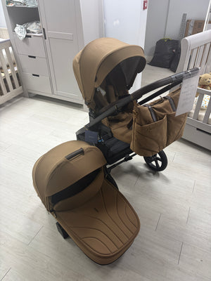 Caramel 2-in-1 pushchair with carrycot and stroller seat, tan canopy and wheels