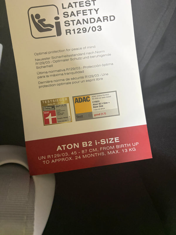 Cybex Aton B2 i-Size car seat box label with safety certification