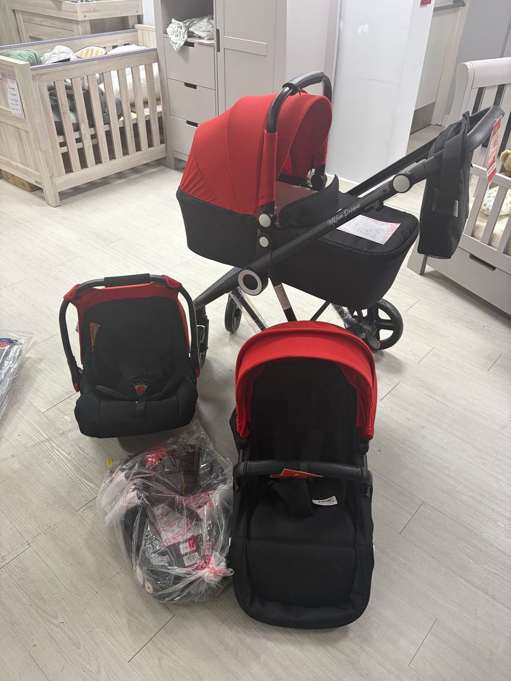 For Your Little One Million Dreams 3 In 1 Travel System With Isofix Base and changing Bag - Red Clearance