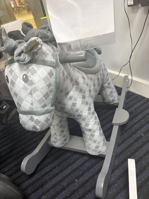 Plush rocking horse in gray-and-white checkered fabric with padded front legs
