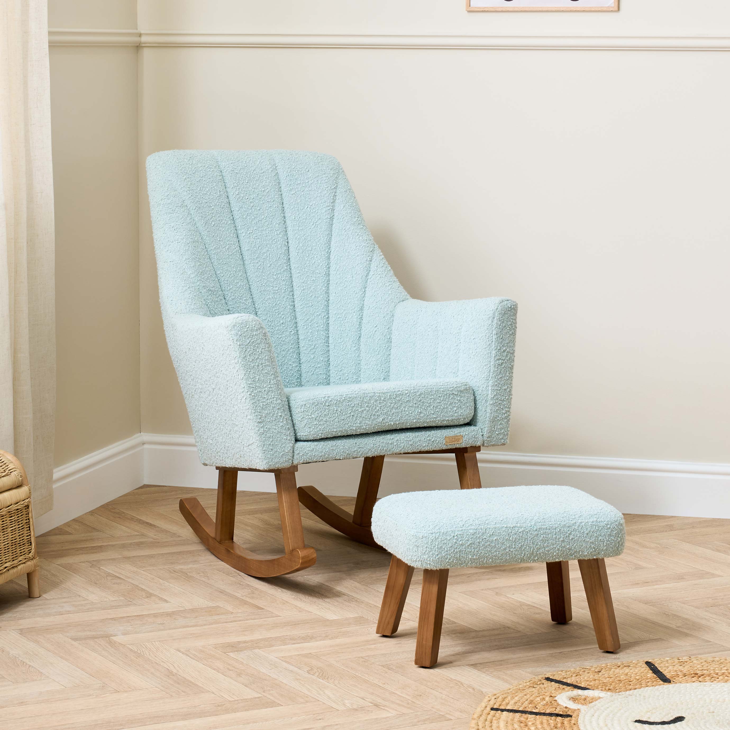 Jonah Luxe Rocking Chair & Foot Stool - Boucle Ocean Stone