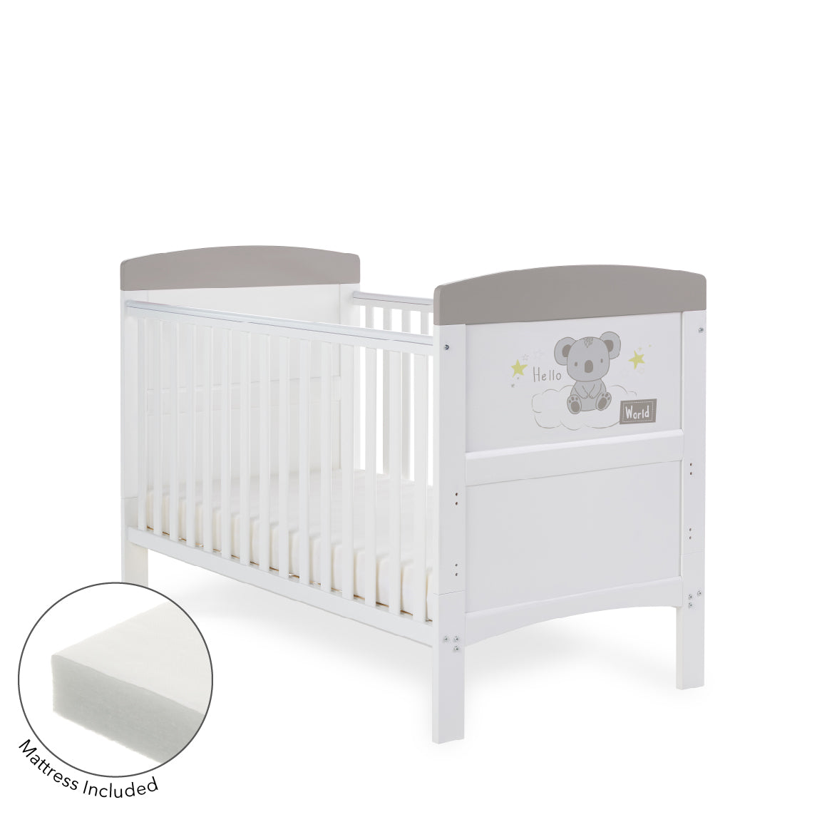 Obaby Grace Inspire Cot Bed & Fibre Mattress – Hello World Koala – Grey -  | For Your Little One
