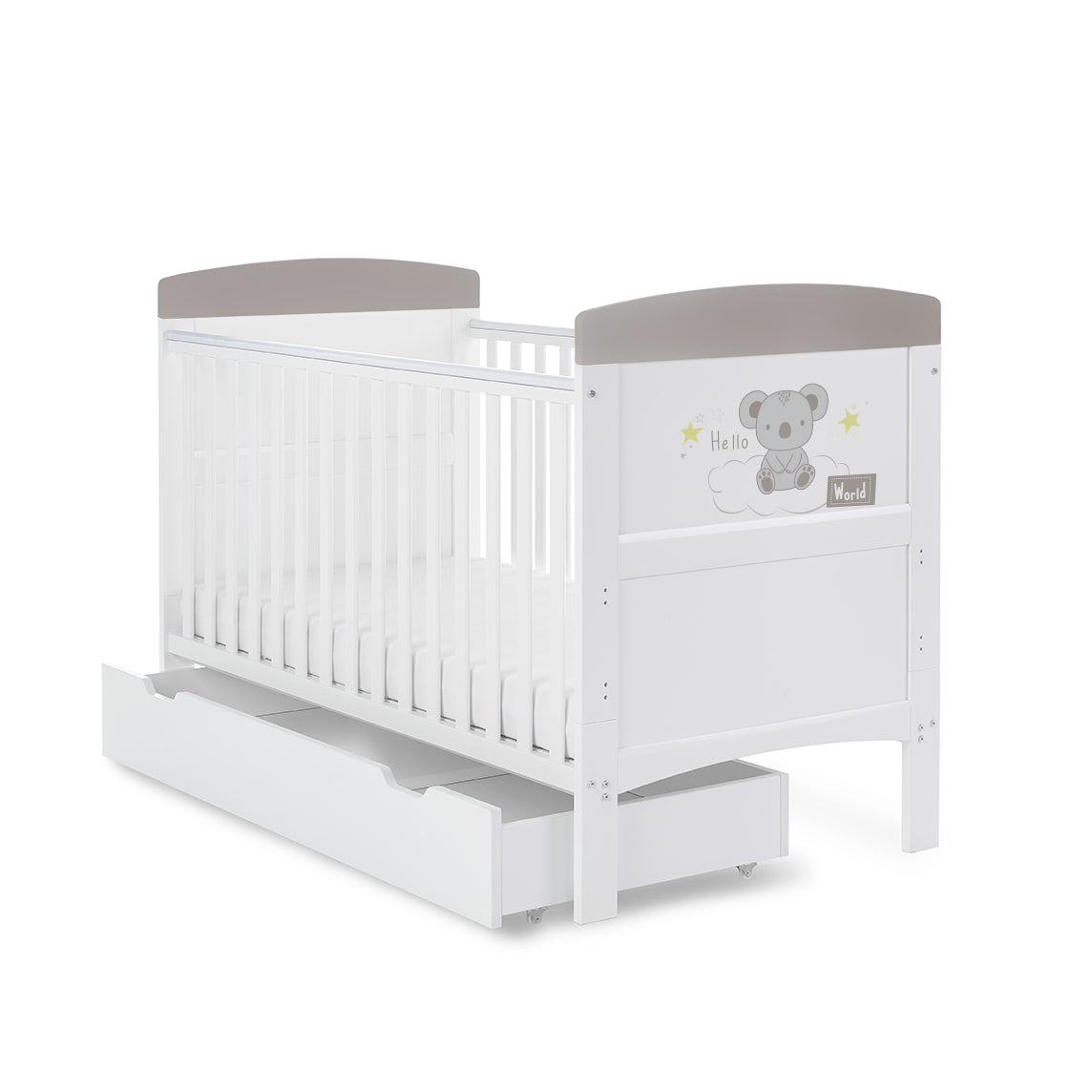 Obaby Grace Inspire Cot Bed & Underdrawer – Hello World Koala – Grey -  | For Your Little One