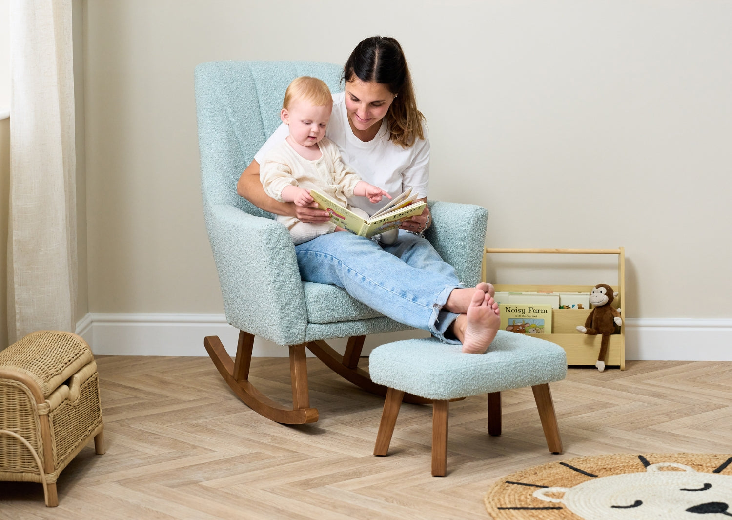 Jonah Luxe Rocking Chair & Foot Stool - Boucle Ocean Stone