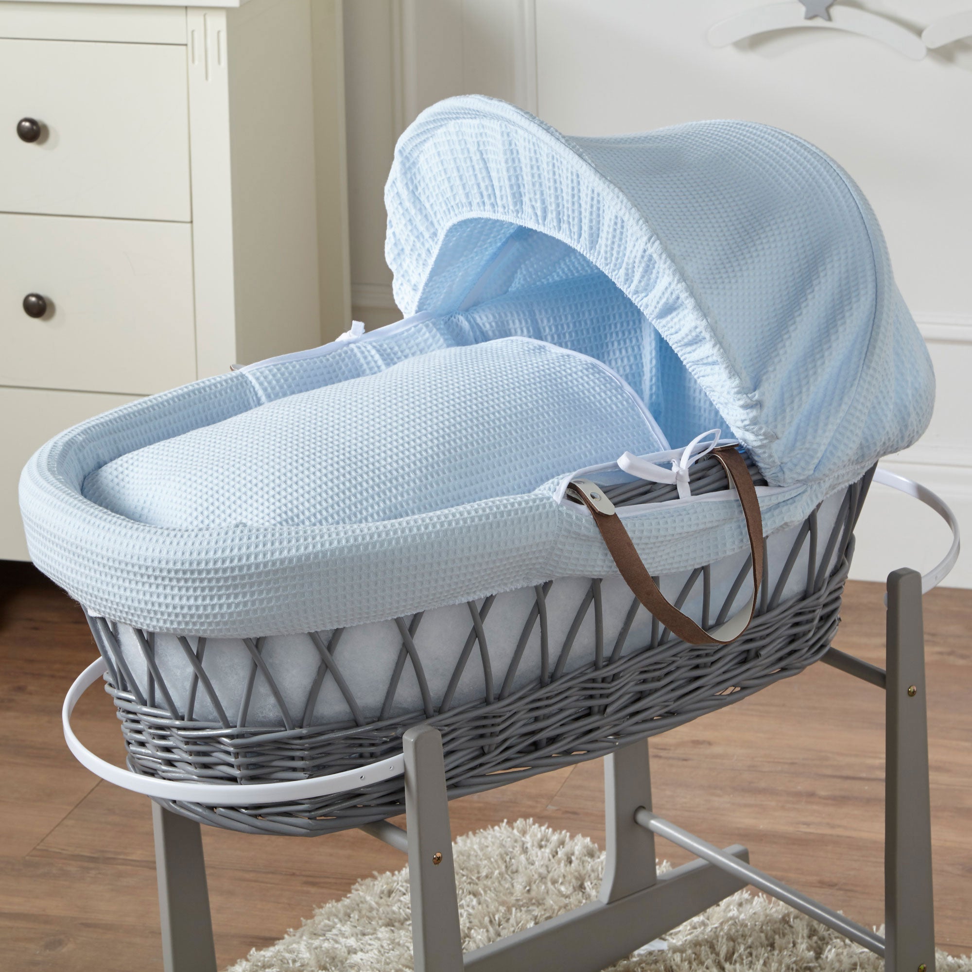 Blue Waffle Grey Wicker Baby Moses Basket With Stand   