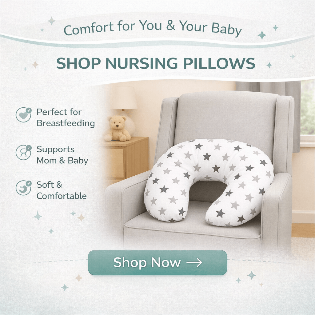 Nursing pillow with star pattern on a chair, surrounded by text about its benefits and a 'Shop Now' button.