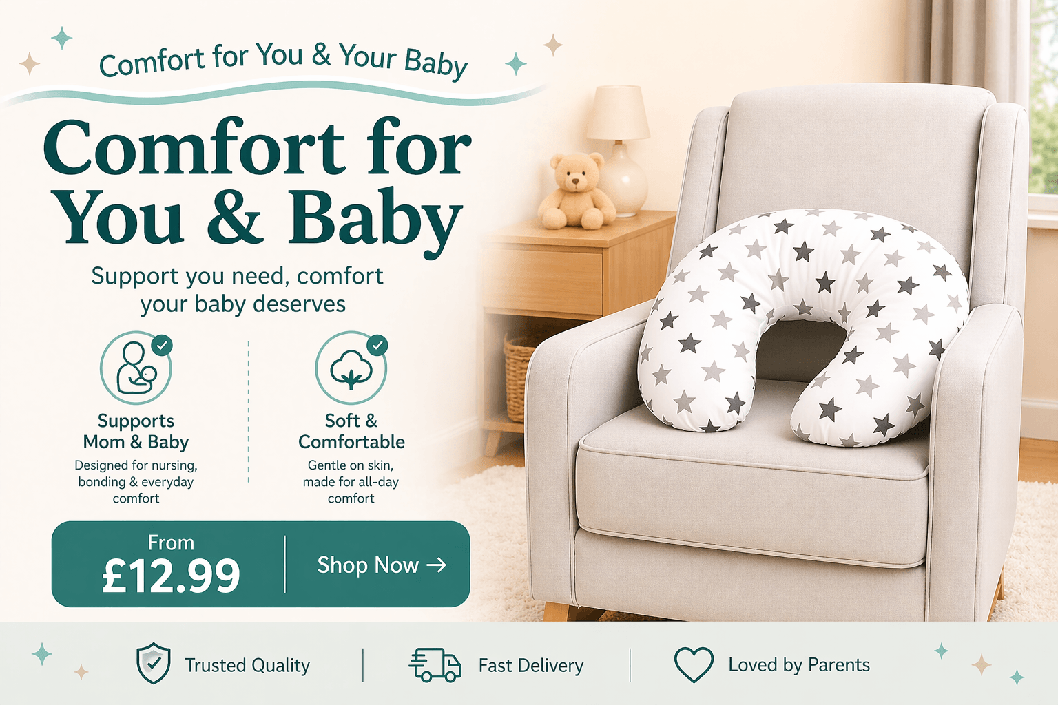 Baby support pillow on a chair with promotional text and pricing.