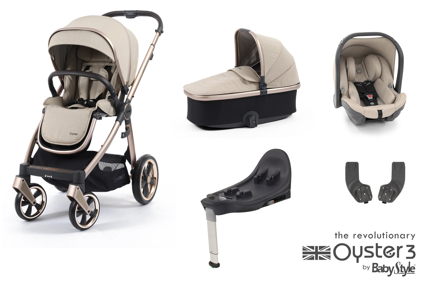 Babystyle Oyster 3 Essential 5 Piece Travel System Bundle - Creme Brulee -  | For Your Little One