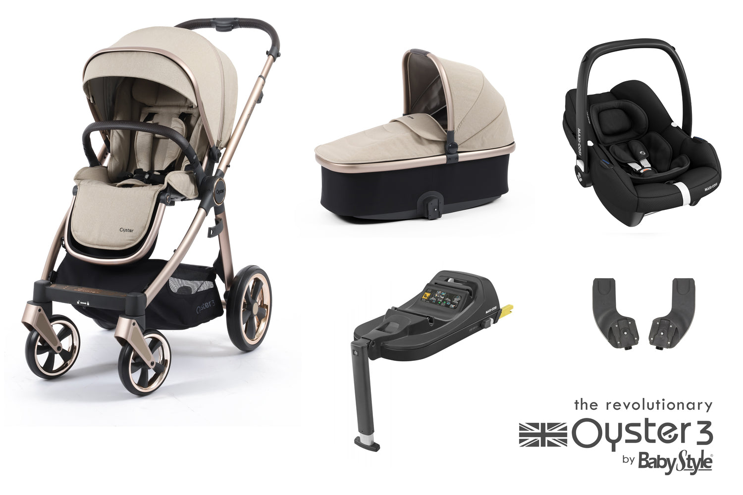 Babystyle Oyster 3 Essential 5 Piece Travel System Bundle With Carbriofix - Creme Brulee - For Your Little One