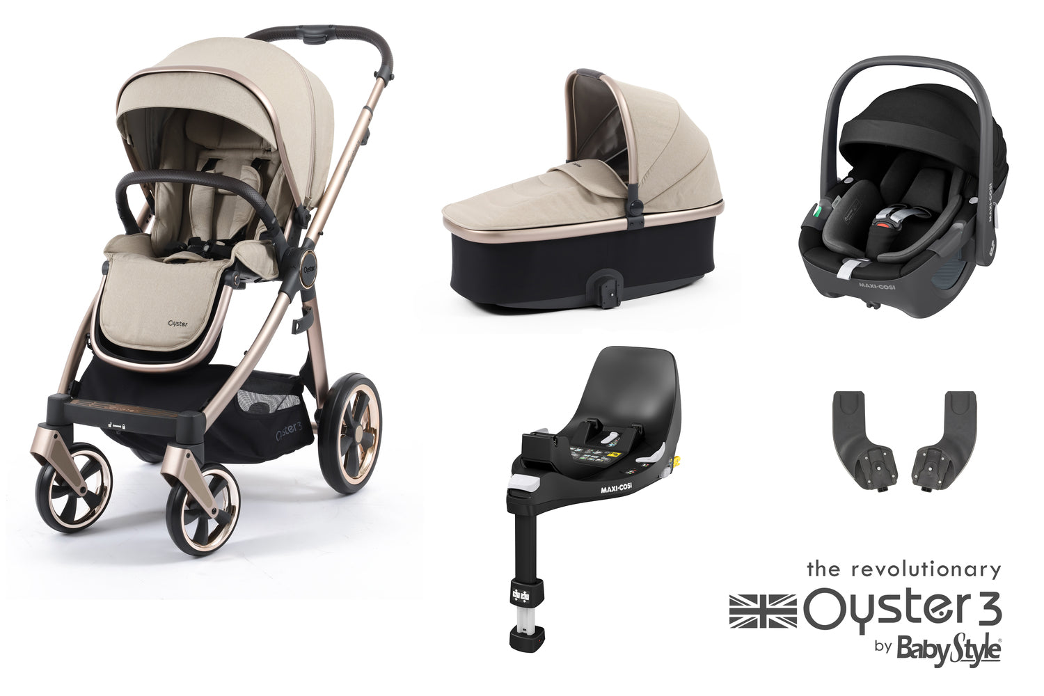 Babystyle Oyster 3 Essential 5 Piece Travel System Bundle With Pebble 360 - Creme Brulee - For Your Little One