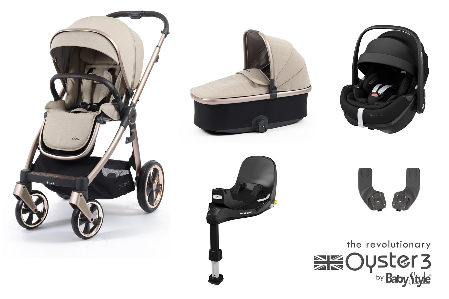 Babystyle Oyster 3 Essential 5 Piece Travel System Bundle With Pebble Pro 360 - Creme Brulee - For Your Little One