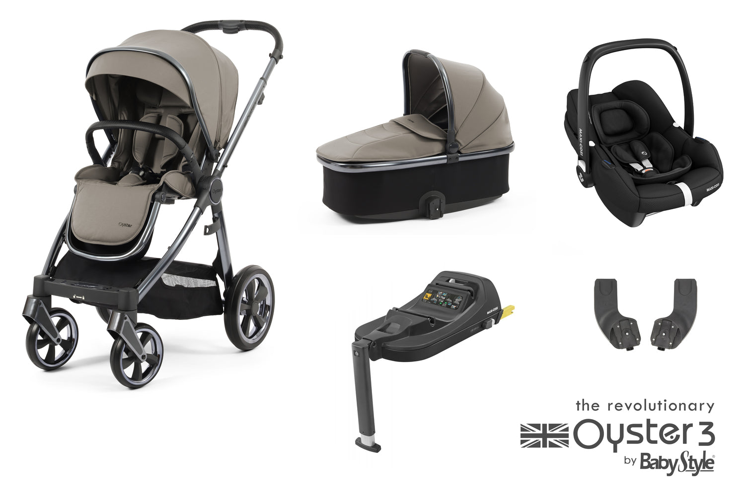 Babystyle Oyster 3 Essential 5 Piece Travel System Bundle With Carbriofix - Stone -  | For Your Little One
