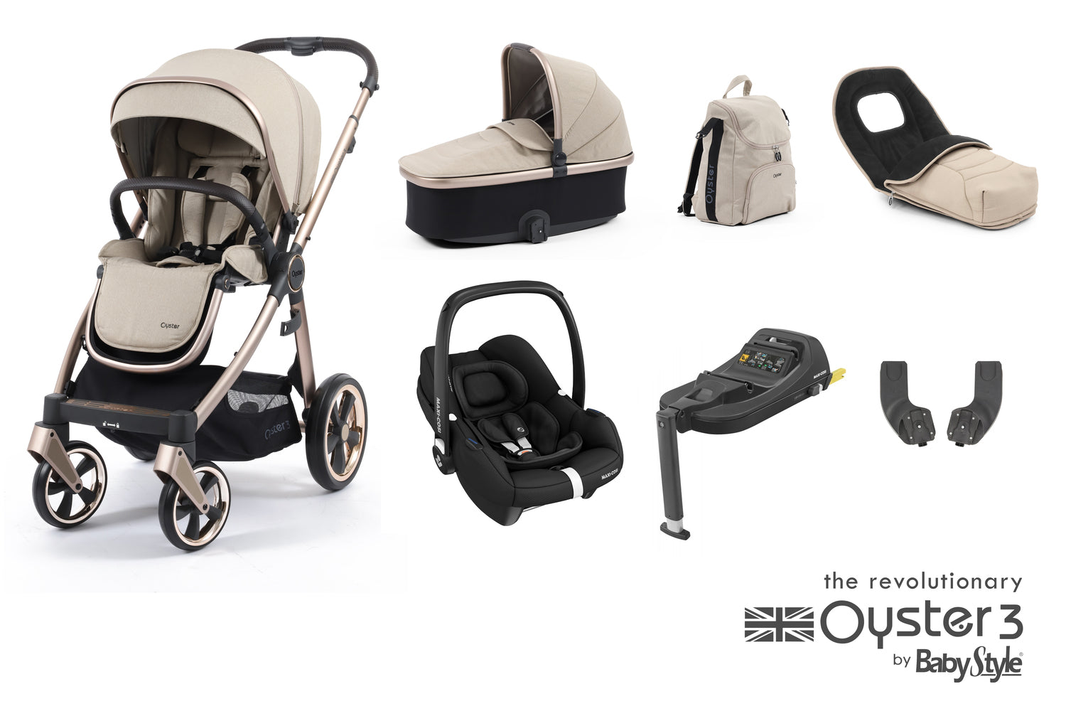 Babystyle Oyster 3 Luxury 7 Piece Travel System Bundle With Carbiofix - Creme Brulee - For Your Little One