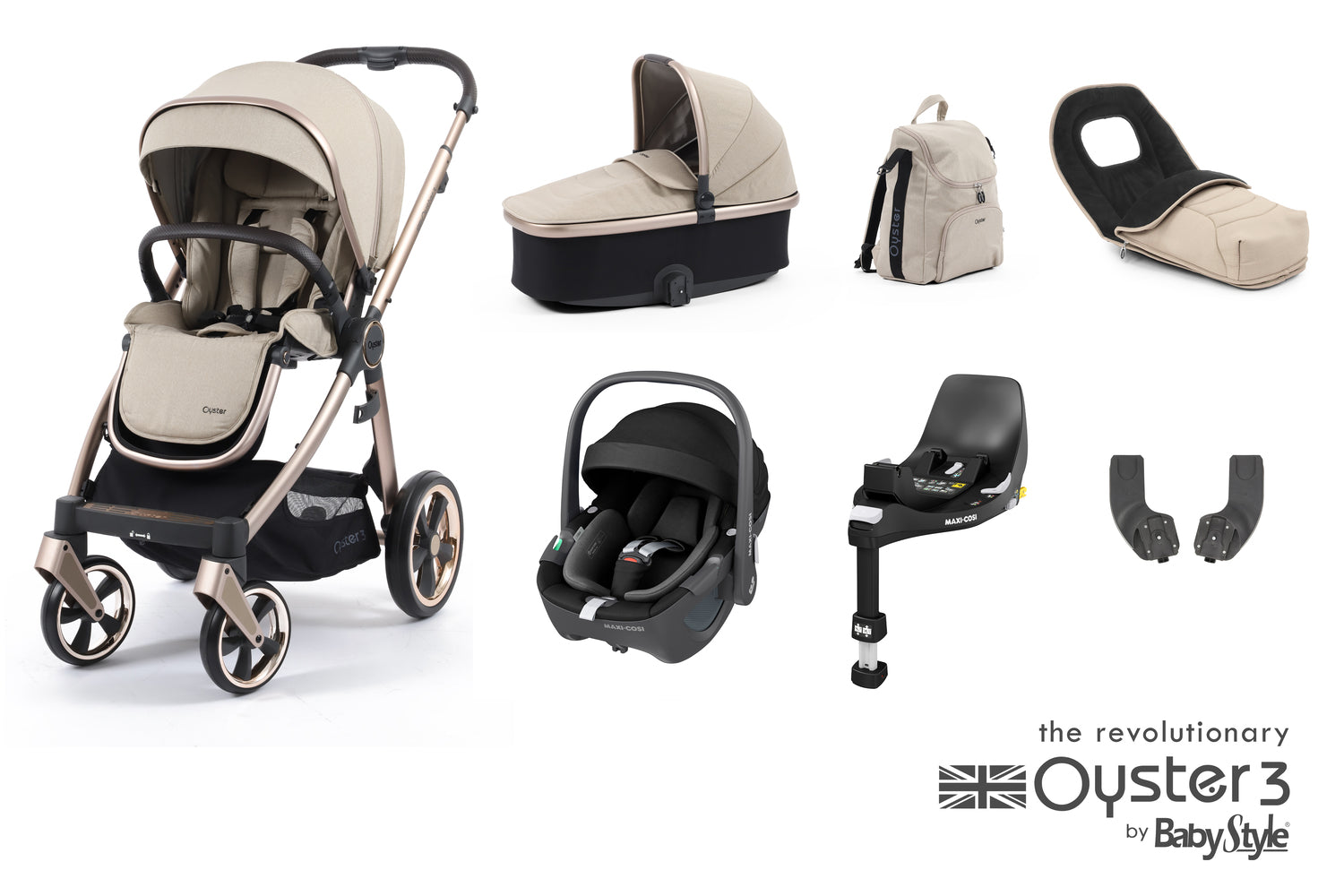 Babystyle Oyster 3 Luxury 7 Piece Travel System Bundle With Pebble 360 - Creme Brulee - For Your Little One