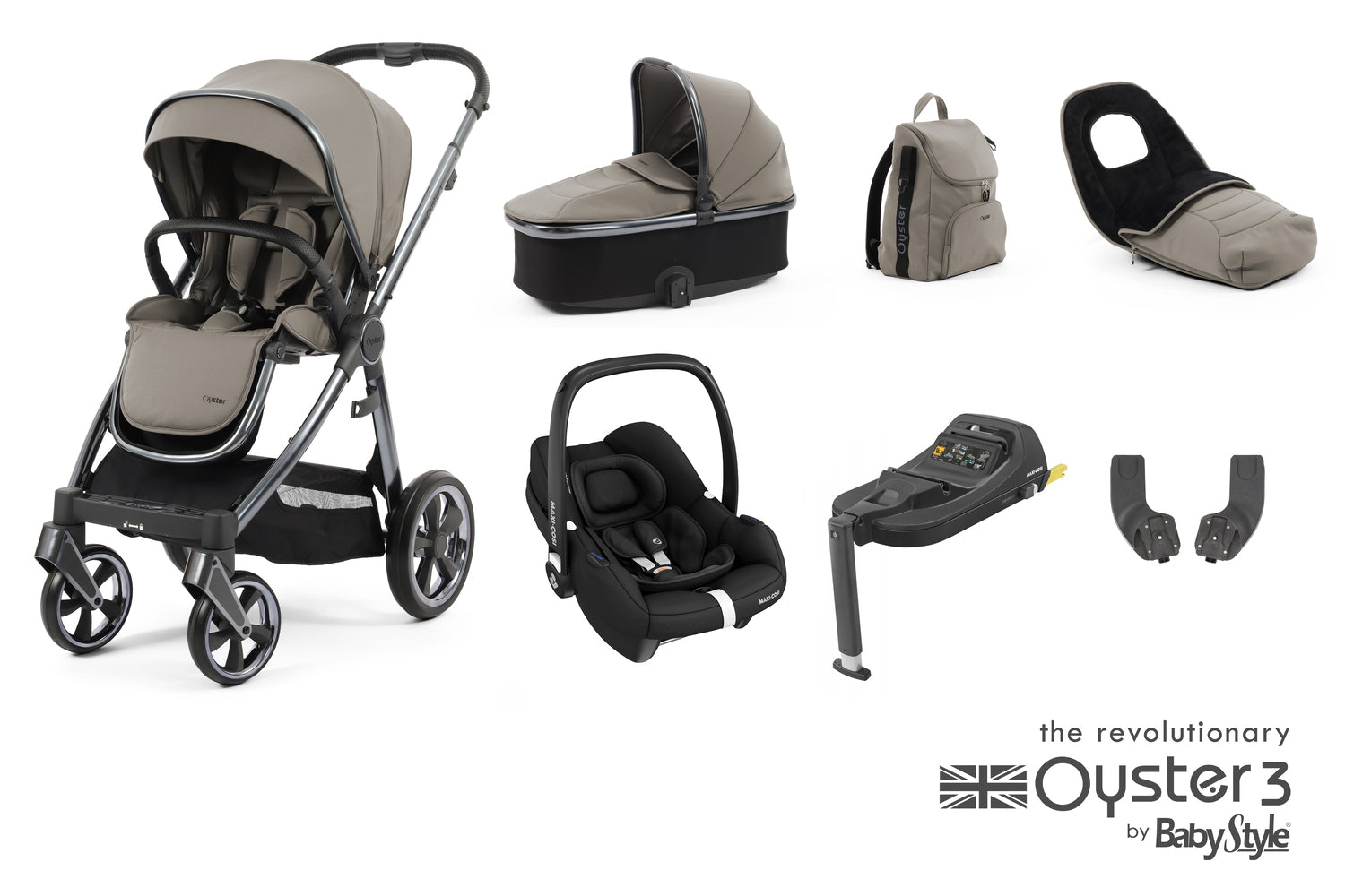 Babystyle Oyster 3 Luxury 7 Piece Travel System Bundle With Carbiofix - Stone -  | For Your Little One