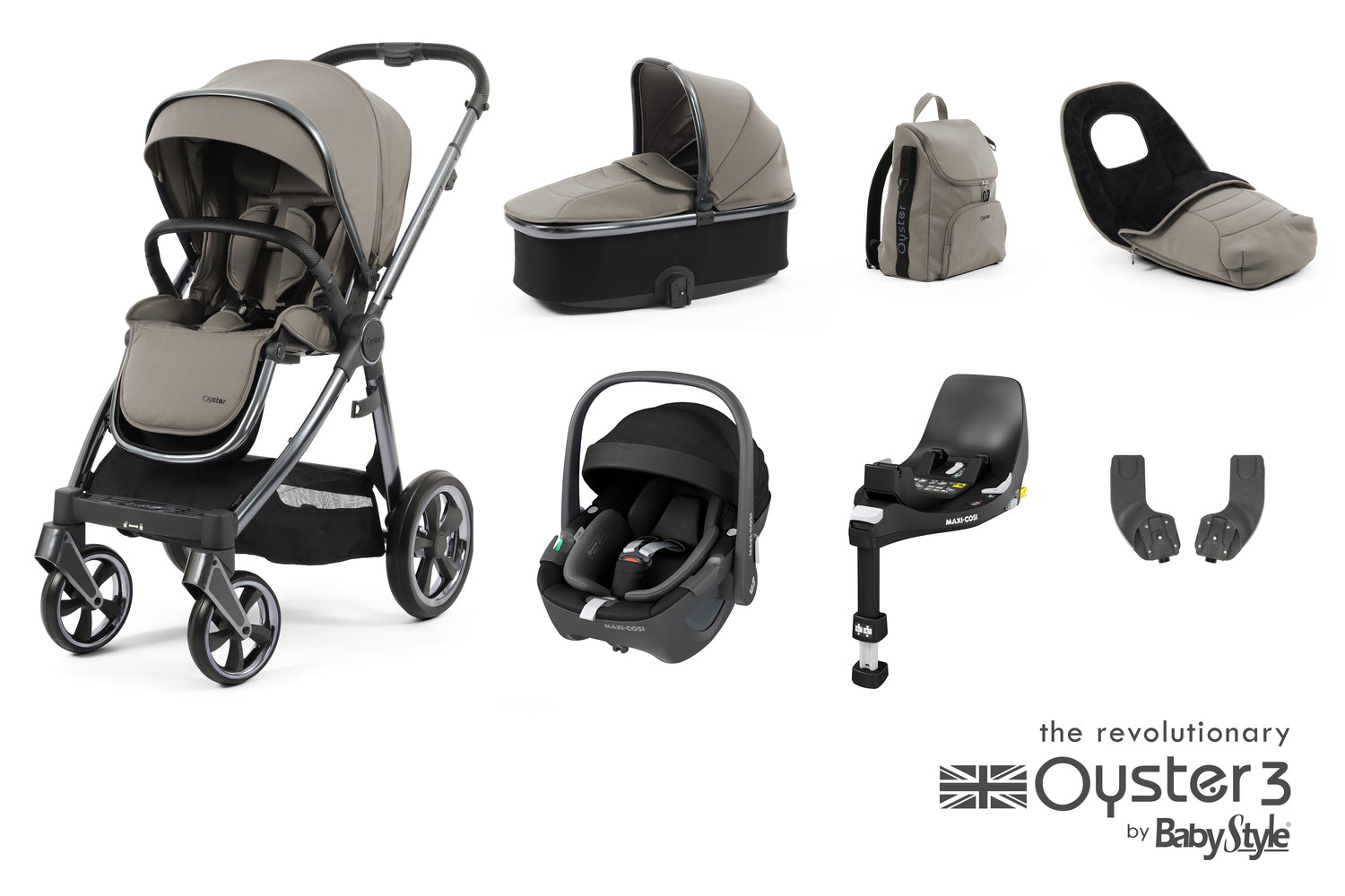 Babystyle Oyster 3 Luxury 7 Piece Travel System Bundle With Pebble 360 - Stone -  | For Your Little One