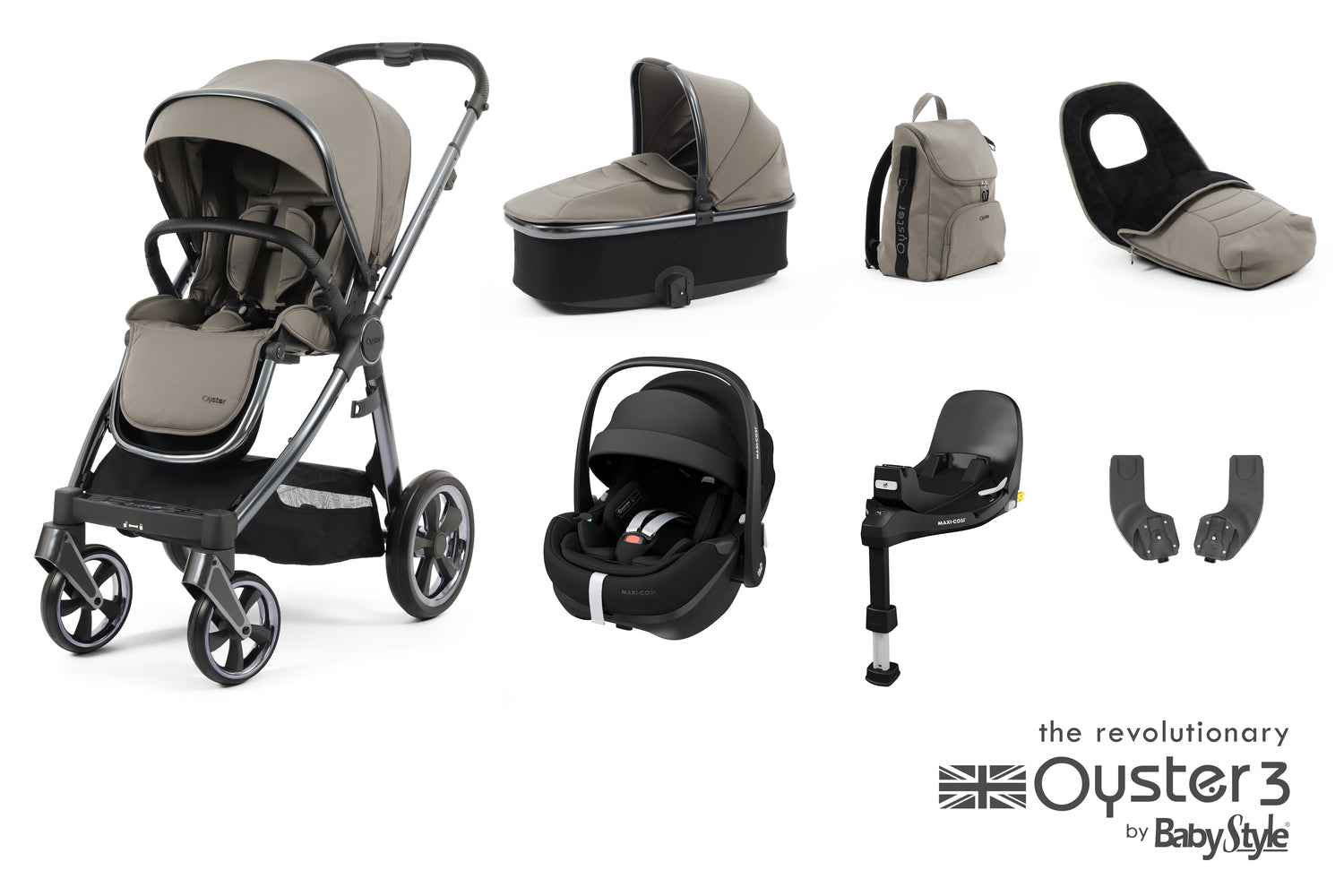 Babystyle Oyster 3 Luxury 7 Piece Travel System Bundle With Pebble 360 Pro - Stone -  | For Your Little One