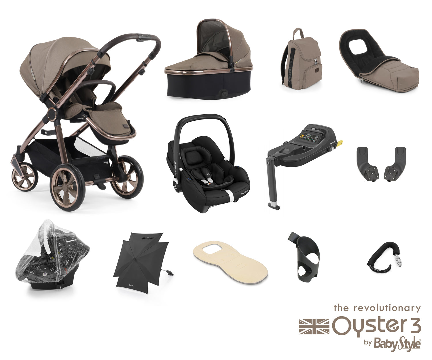 Babystyle Oyster 3 Ultimate 12 Piece Travel System Bundle With Cabriofix - Mink -  | For Your Little One