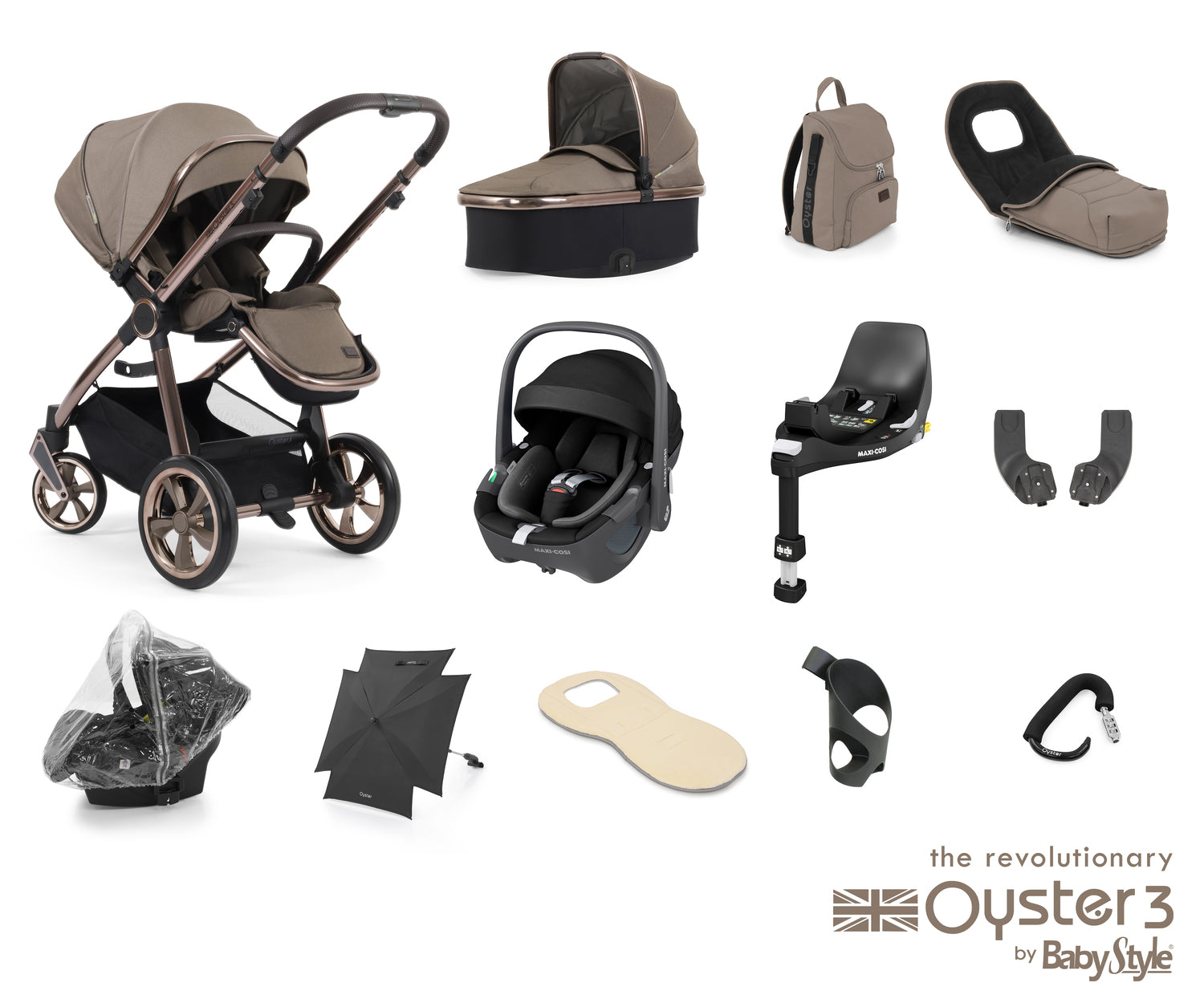 Babystyle Oyster 3 Ultimate 12 Piece Travel System Bundle With Pebble 360 - Mink -  | For Your Little One