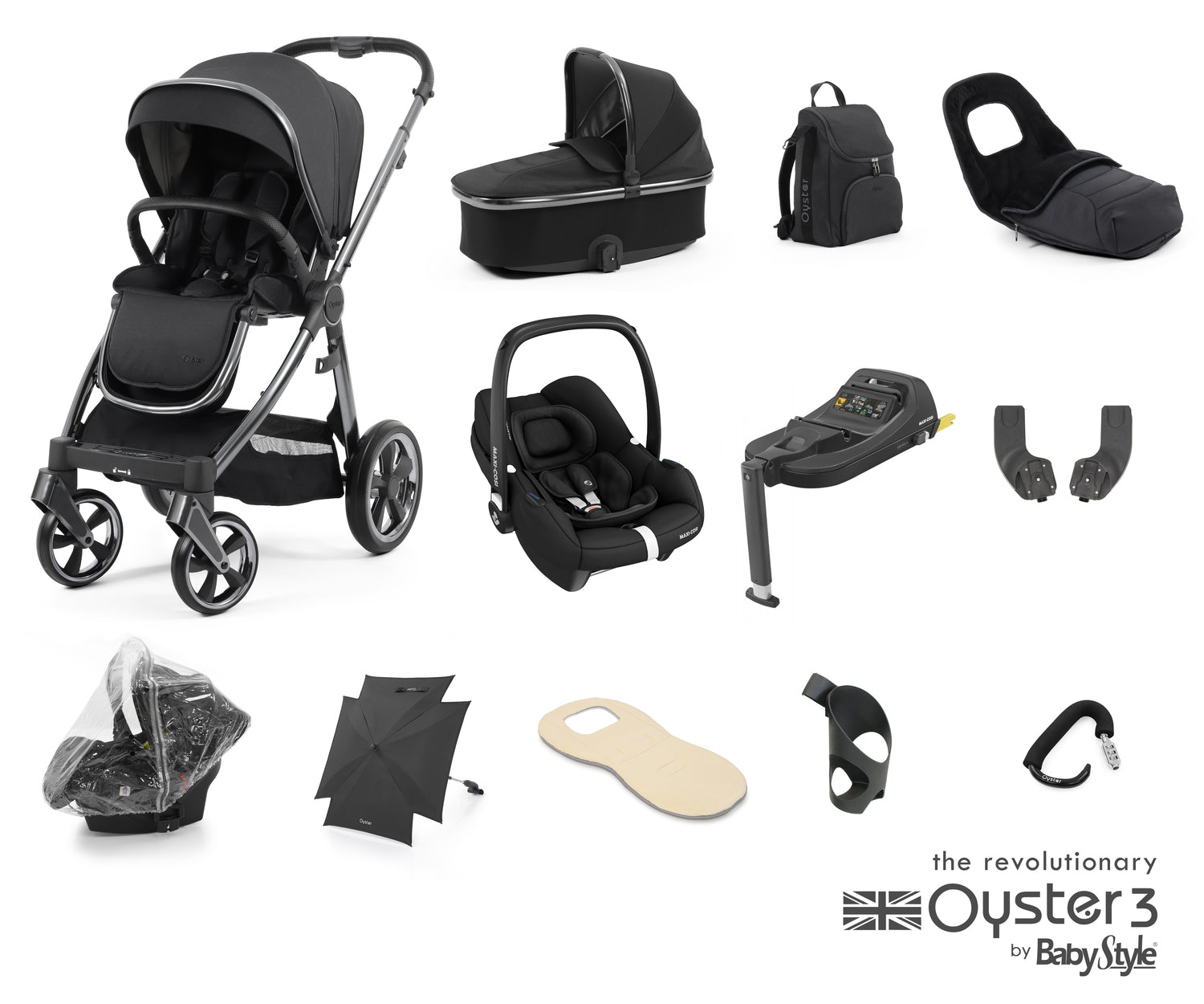 Babystyle Oyster 3 Ultimate 12 Piece Travel System Bundle With Cabriofix - Carbonite -  | For Your Little One